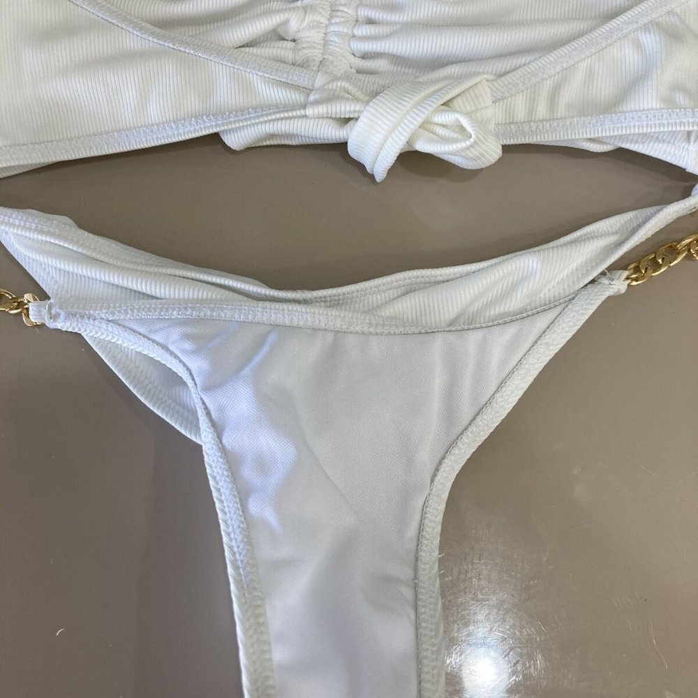 White Thong Bikini 2-piece gold chains sz L removeable cups - Picture 4 of 15